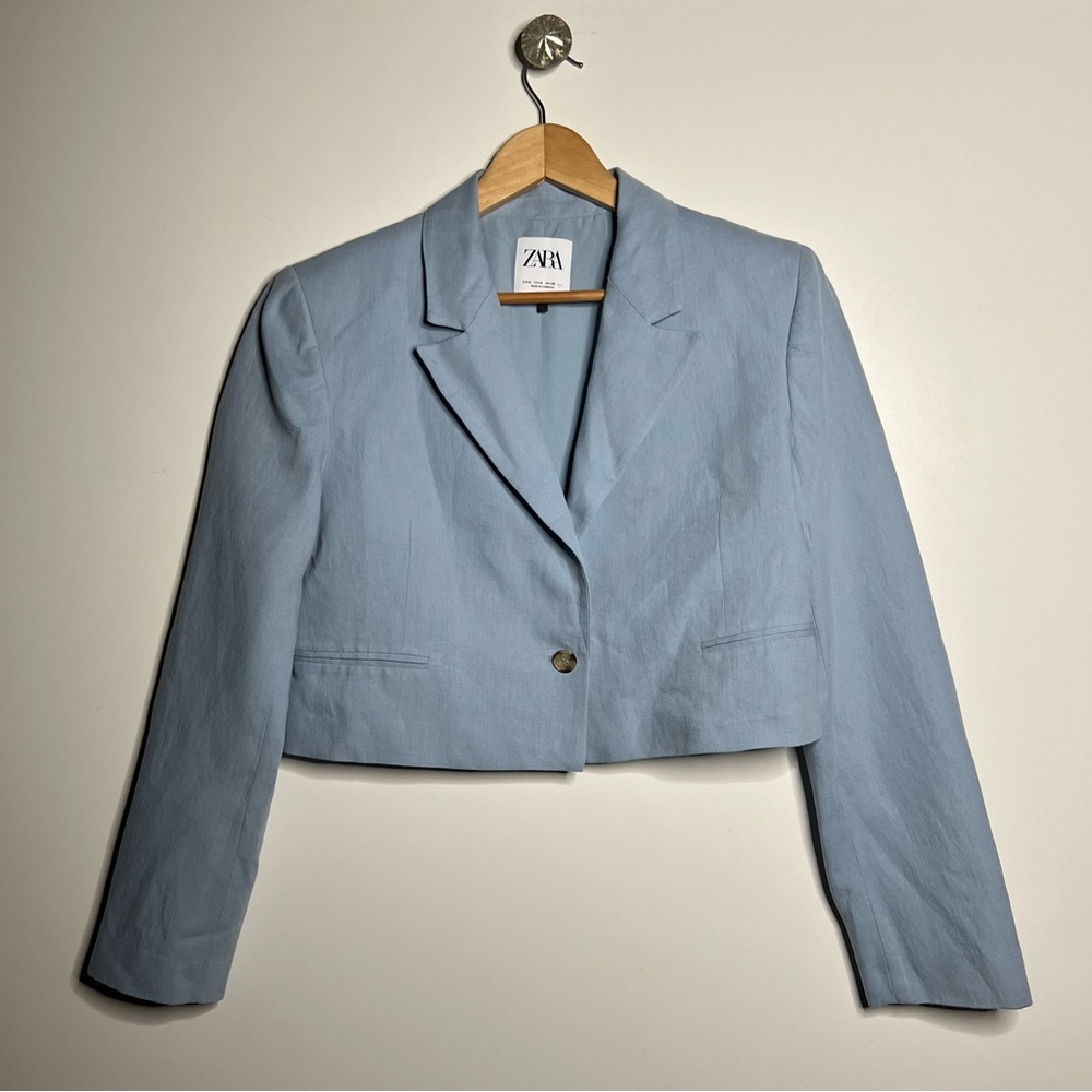 ZARA LIGHT BLUE LINEN BLEND CROPPED BLAZER